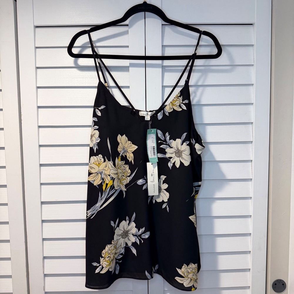 Nine‎ Britton Kamton Cami Blouse Black Floral Spaghetti Strap XL Womens New